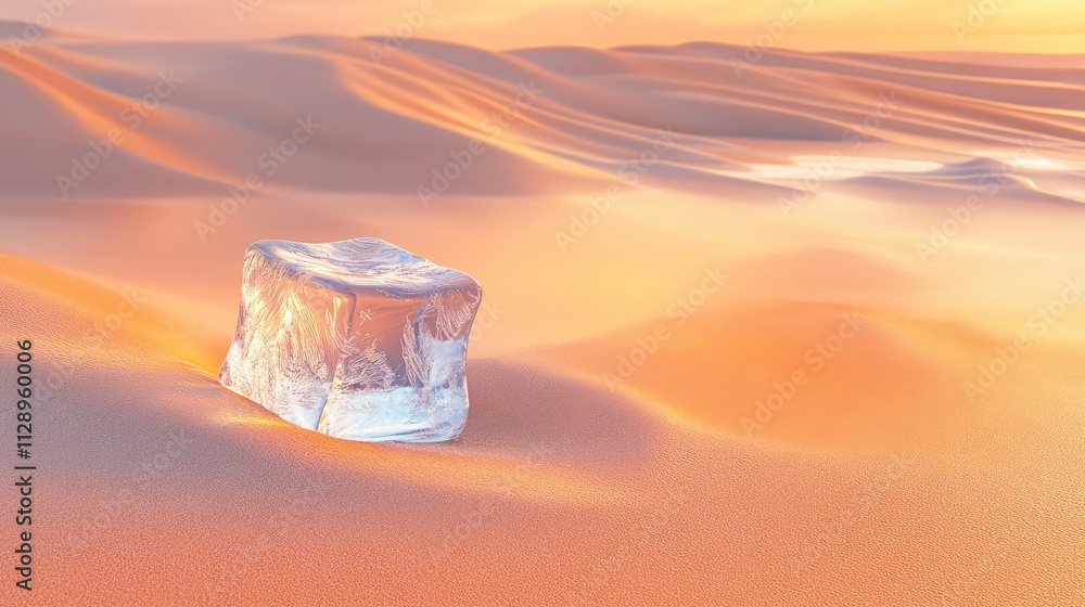 Poster a lone ice cube resting on hot desert sand, with soft light creating vibrant reflections and subtle 