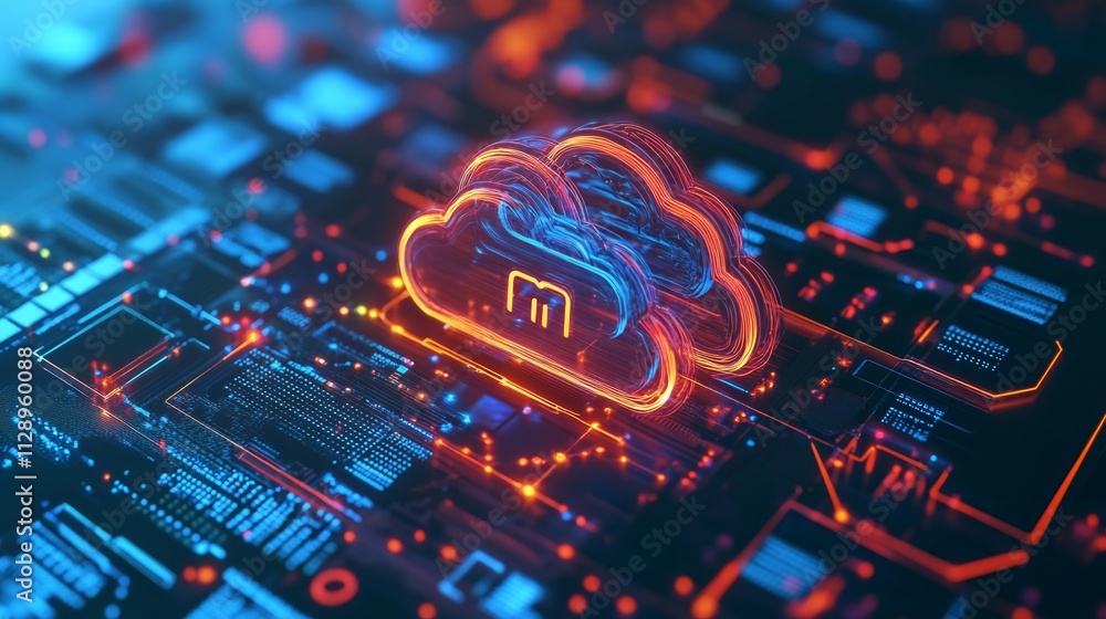 Poster dynamic cloud computing interface digital space graphic render futuristic environment close-up view 