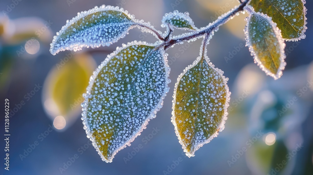 Poster a macro image of ice-covered leaves, highlighting tiny air bubbles trapped within the translucent ic