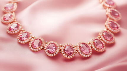 Fototapeta premium A rose gold necklace adorned with pink diamonds displayed in a boutique against a blush velvet backdrop.
