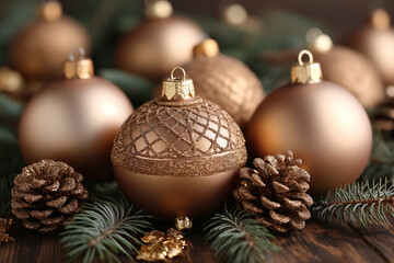 A group of gold colored Christmas ornaments are displayed on a wooden surface