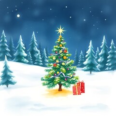 Obraz premium Christmas Tree On Snow At Night With Shiny Star And Gift Boxes In Winter Forest - Winter Abstract Landscape
