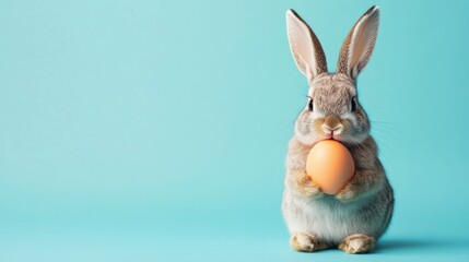 Obraz premium A cute rabbit holding an orange egg against a light blue background, symbolizing Easter.