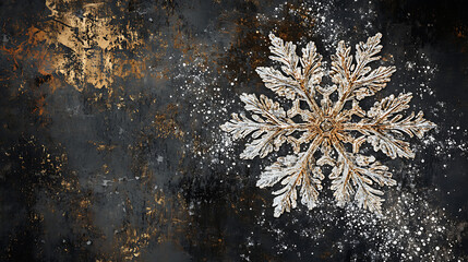  An artistic snowflake illustration made of glittering ice crystals on a dark, textured background 