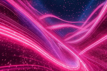 Obraz premium Purple and red abstract energy background with wavy lines and sparkles on black with copy space