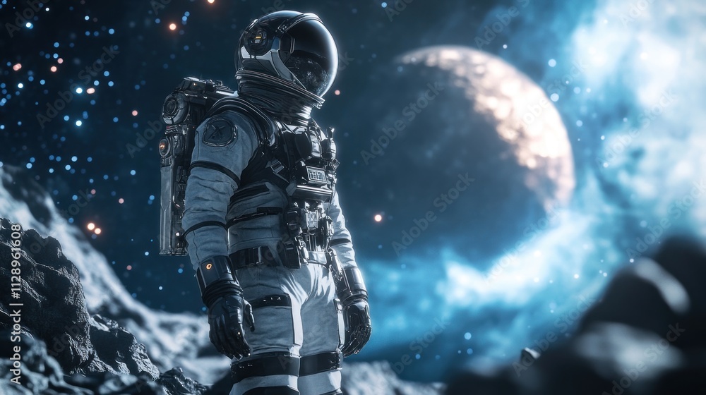 Poster a futuristic space explorer hero in a high-tech spacesuit, standing on the surface of a distant plan