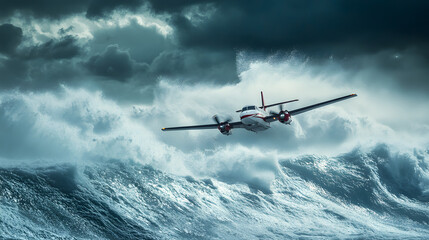 A search and rescue plane flying low over turbulent ocean waves during a storm.