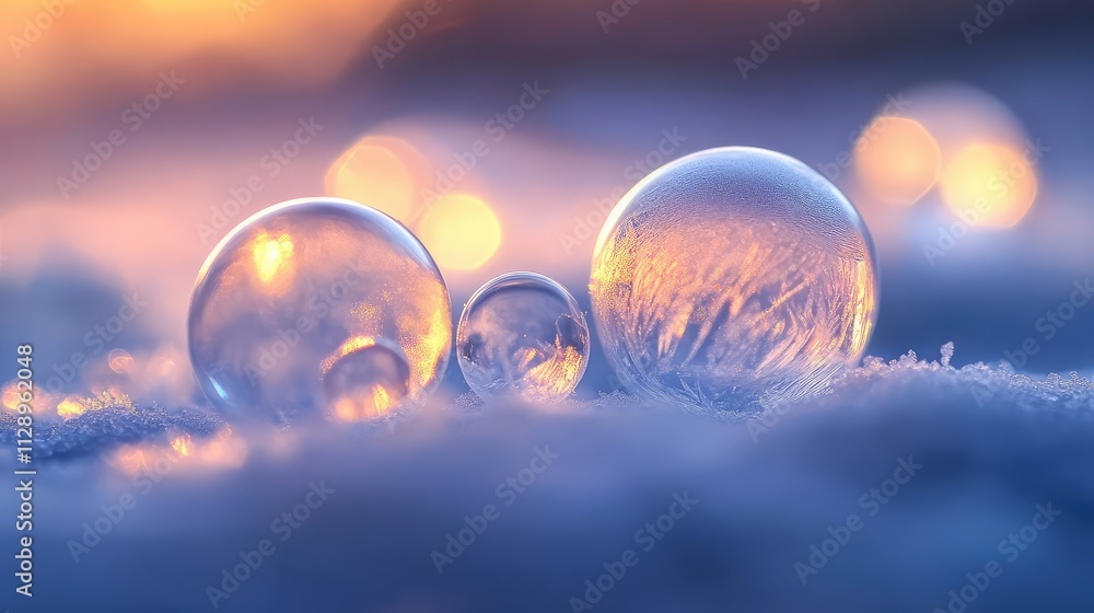 Aufkleber a macro shot of frozen bubbles beneath a smooth ice layer, showcasing their varied sizes and sharp, 