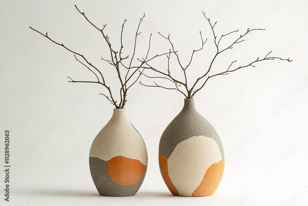 Poster two vases with branches in them are on a white background