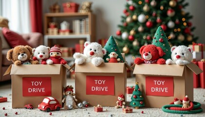 Three boxes filled with festive plush toys for a toy drive charity event, decorated living room setting