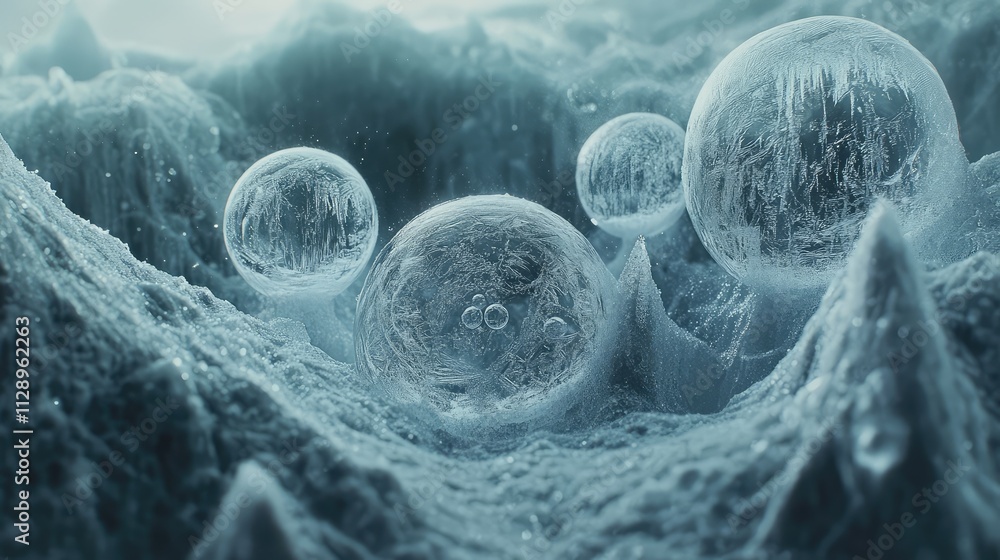 Poster a macro shot of frozen bubbles beneath a smooth ice layer, showcasing their varied sizes and sharp, 
