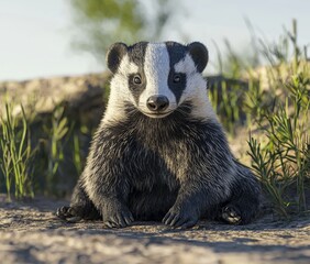 A badger sitting in a front view, isolated on a white background, presented as a transparent PNG, created by generative AI.