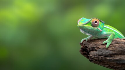 Obraz premium Colorful Green Lizard Sitting on Branch Against Blurred Green Background