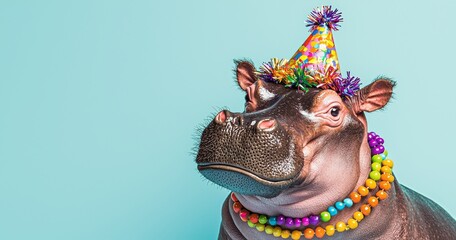 Obraz premium A unique animal design showcasing a hippo wearing a party cone hat, necklace, and bowtie on a pastel background, perfect for birthday party invites with room for text.