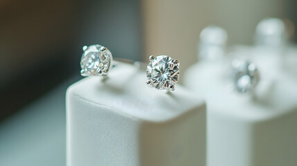 A showcase of diamond stud earrings in a minimalist boutique interior.