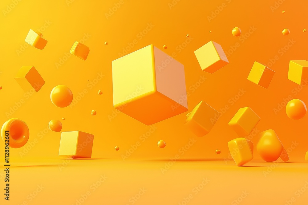 Poster abstract 3d illustration with geometric patterns on a yellow background.