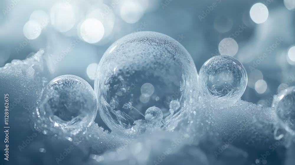 Poster a macro shot of frozen bubbles beneath a smooth ice layer, showcasing their varied sizes and sharp, 