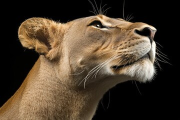 Naklejka premium Stock - Roar of the Wild: A majestic lion emerges from the darkness, its eyes glowing with an intense shine.