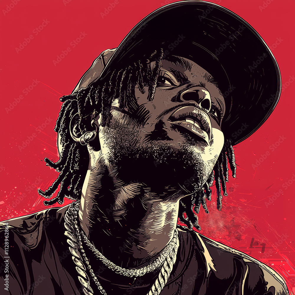 Poster dynamic illustration of rapper with bold expression and red background
