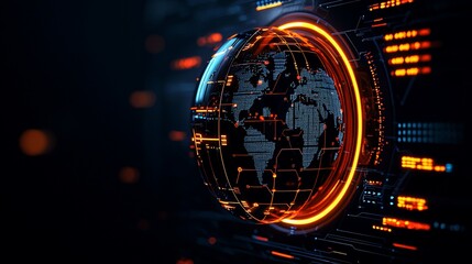 Futuristic globe with digital interface and glowing lines.