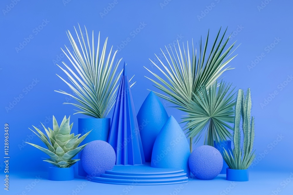 Poster an abstract 3d image with a geometric pattern set against a blue backdrop.