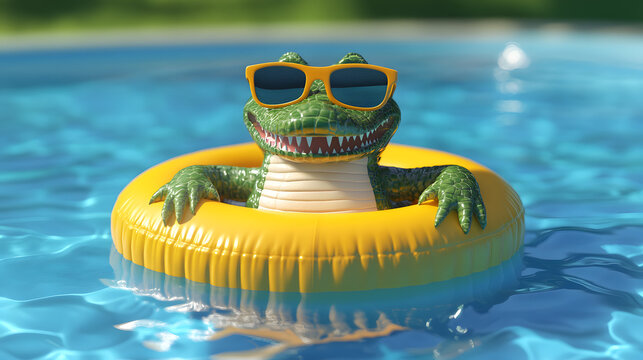 A silly cartoon crocodile wearing sunglasses and floating on a pool inflatable.