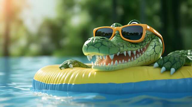 A silly cartoon crocodile wearing sunglasses and floating on a pool inflatable.