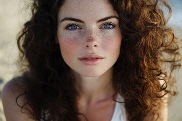 Naklejka premium Attractive woman with long curly brown hair and blue eyes, gazing over a beach, freckles on her cheeks, white tank top, glowing in soft sunlight 2