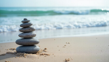 Fototapeta premium Zen Stone Stack on Sandy Beach with Ocean Waves in Background. Peaceful and Serene Coastal Scene for Meditation and Relaxation Concepts