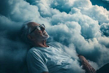 An older man with gray hair and glasses, sitting on top of thick gray clouds The dark blue sky creates a contrast, giving the scene a deep surreal vibe 2
