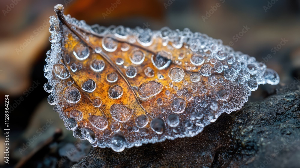 Poster a macro shot of ice encasing a small leaf, showcasing intricate frost patterns and water droplets fr