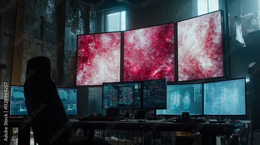 Poster Futuristic control room with large screens displaying nebula data.