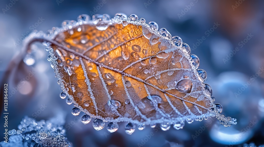 Poster a macro shot of ice encasing a small leaf, showcasing intricate frost patterns and water droplets fr