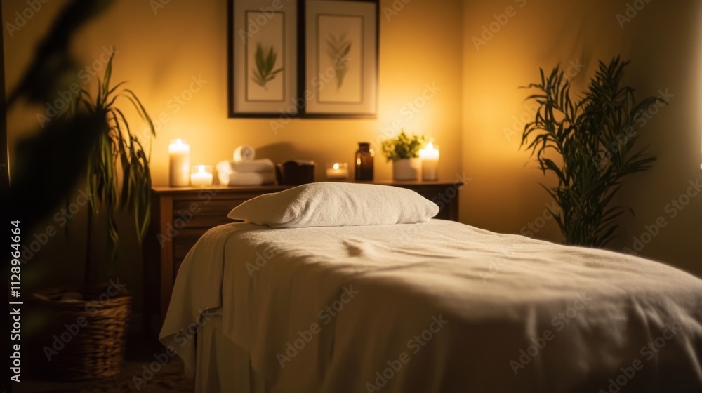 Poster soft lighting fills a tranquil room designed for relaxation, featuring an inviting massage table. ar