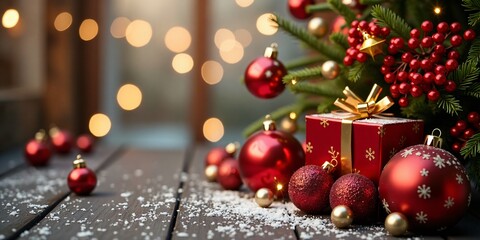 Christmas background featuring Christmas baubles and gifts decoration, perfect for a Christmas banner with copy space for text.