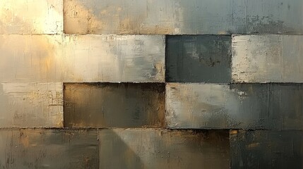 A modern artwork with geometric stripes, showcasing paint strokes in shades of beige, gray, and gold.