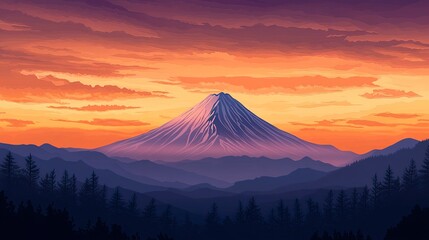 Mount Fuji at sunset, with warm orange hues blending into a darkening sky, creating a tranquil and detailed atmosphere. 