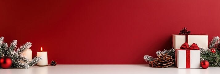 Christmas Ornaments, Red Wall, White Mantelpiece, Holiday Setting for Marketing Materials