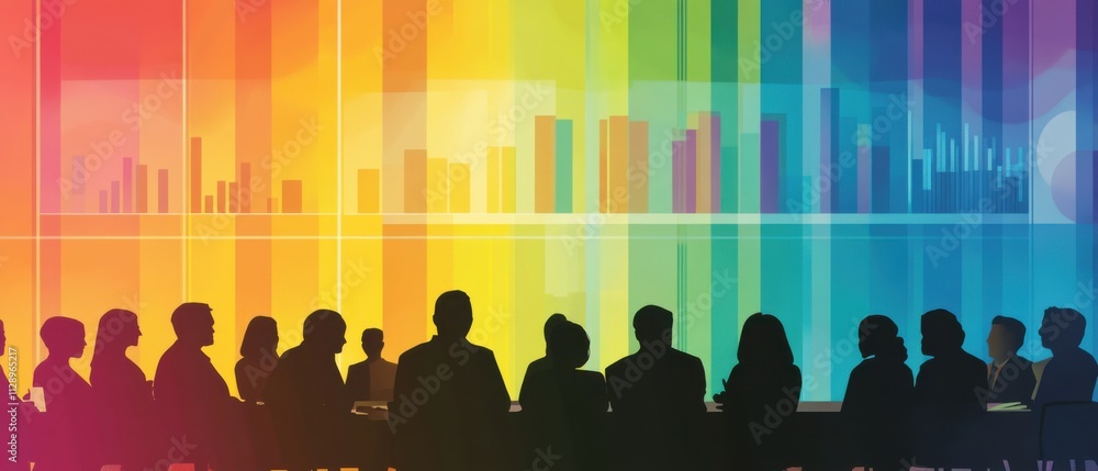 Poster diverse business team meeting with colorful data visualization background