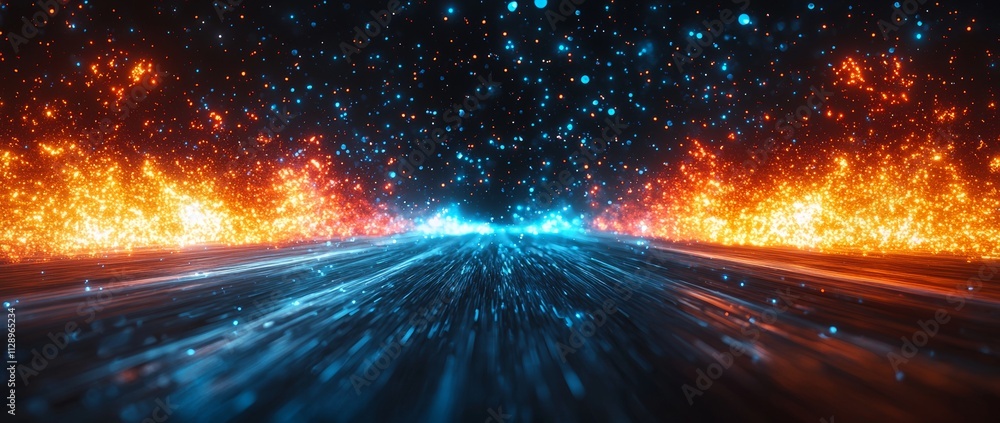 Poster a background with an abstract design of blue and red light rays representing futuristic rapid moveme