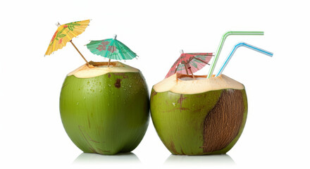 Cool young coconut with fresh juice and water droplets, isolated on white background