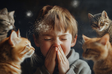 Fototapeta na wymiar Child experiencing allergy symptoms surrounded by curious cats indoors. Generative AI