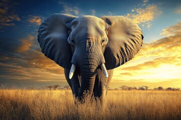 Obraz premium A wild elephant's silhouette with the setting sun casting a golden glow, vast savannah landscape, peaceful expression, late afternoon, medium close-up 1