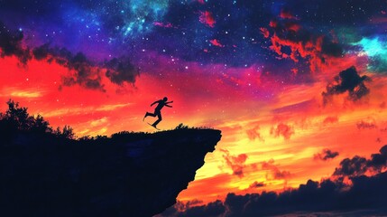 Obraz premium A silhouetted figure leaps into a vibrant cosmic sunset, symbolizing freedom and adventure.