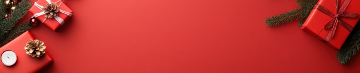 Holiday Celebration banner, Red Tablecloth with Christmas Presents, Background of Additional Gifts and Decorations, Suitable for Advertising, Greeting Cards, or Editorial Content