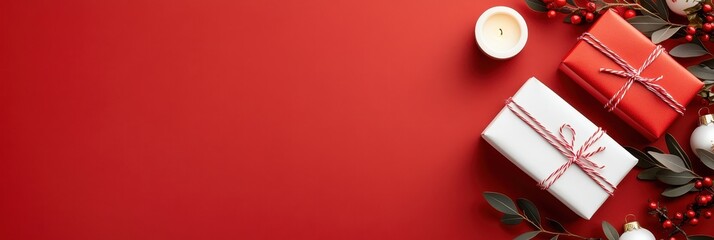 Christmas Gift Setting with Red Tablecloth, Arranged Gifts, Lit Candle, Small Tree