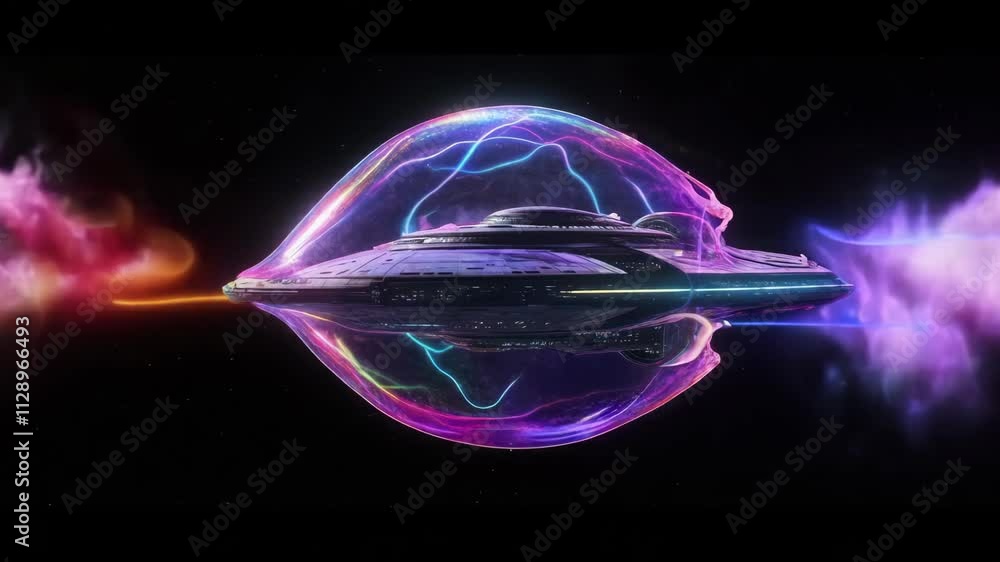 Poster spaceship is generating a protective energy shield while traveling through space. the shield shimmer