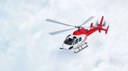 A red and white helicopter flying above a cloud-covered landscape, showcasing its sleek design and altitude.
