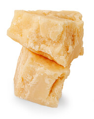 Piece of parmesan cheese isolated on white background. Parmesan or Grana Padano shards. Package design element top view. Flat lay.