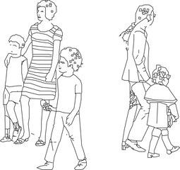 Vector sketch illustration, silhouette design, image of a small family walking down the street.eps